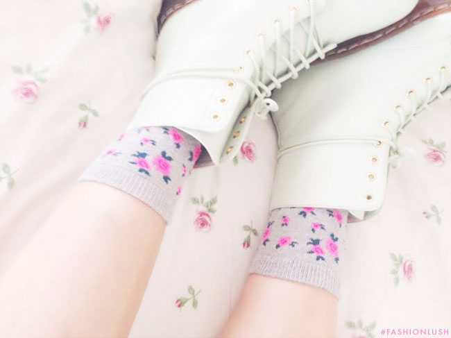 fashionlush, floral print socks, mint combat boots
