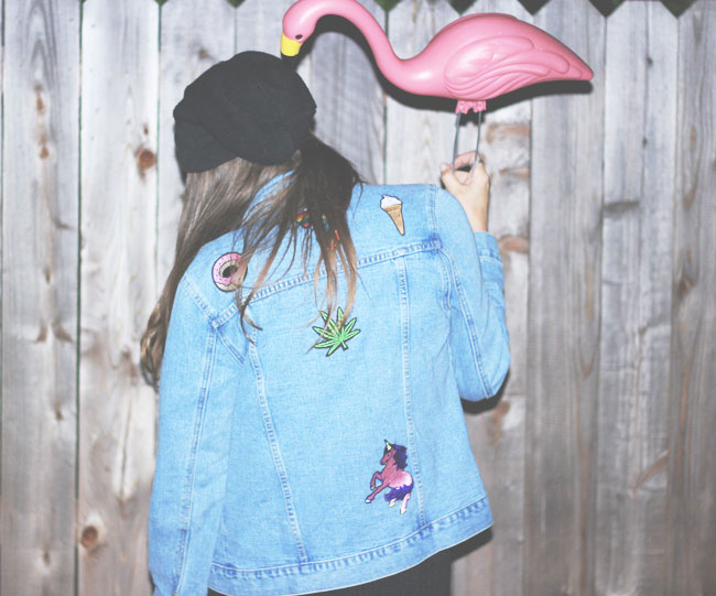 fashionlush, denim patch jacket, pink flamingos