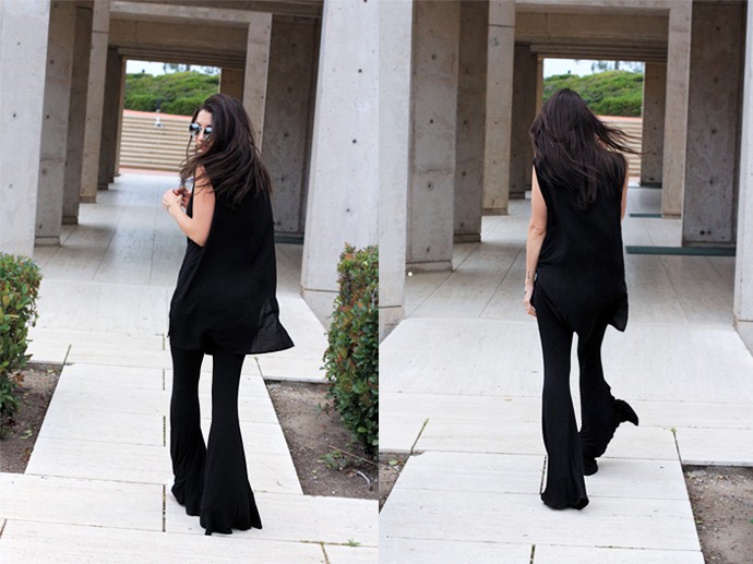 fashionlush, all black outfits, dress over pants
