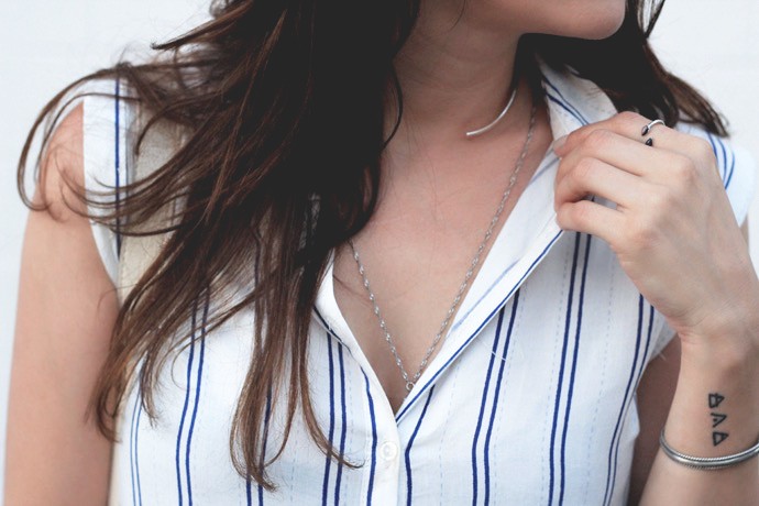 fashionlush, denim and stripes, open collar necklace