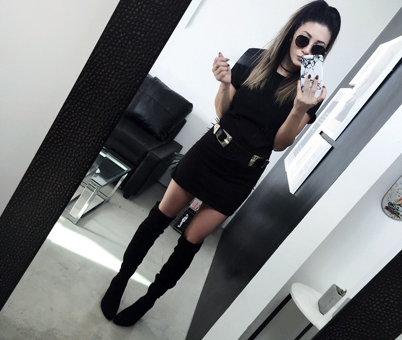 fashionlush, all black outfits, marble iphone case
