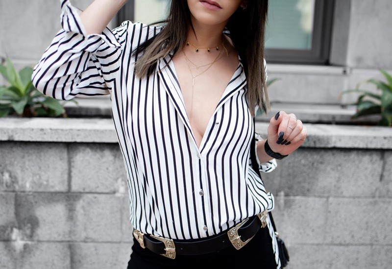 fashionlush, silk striped blouse, black and white fashion
