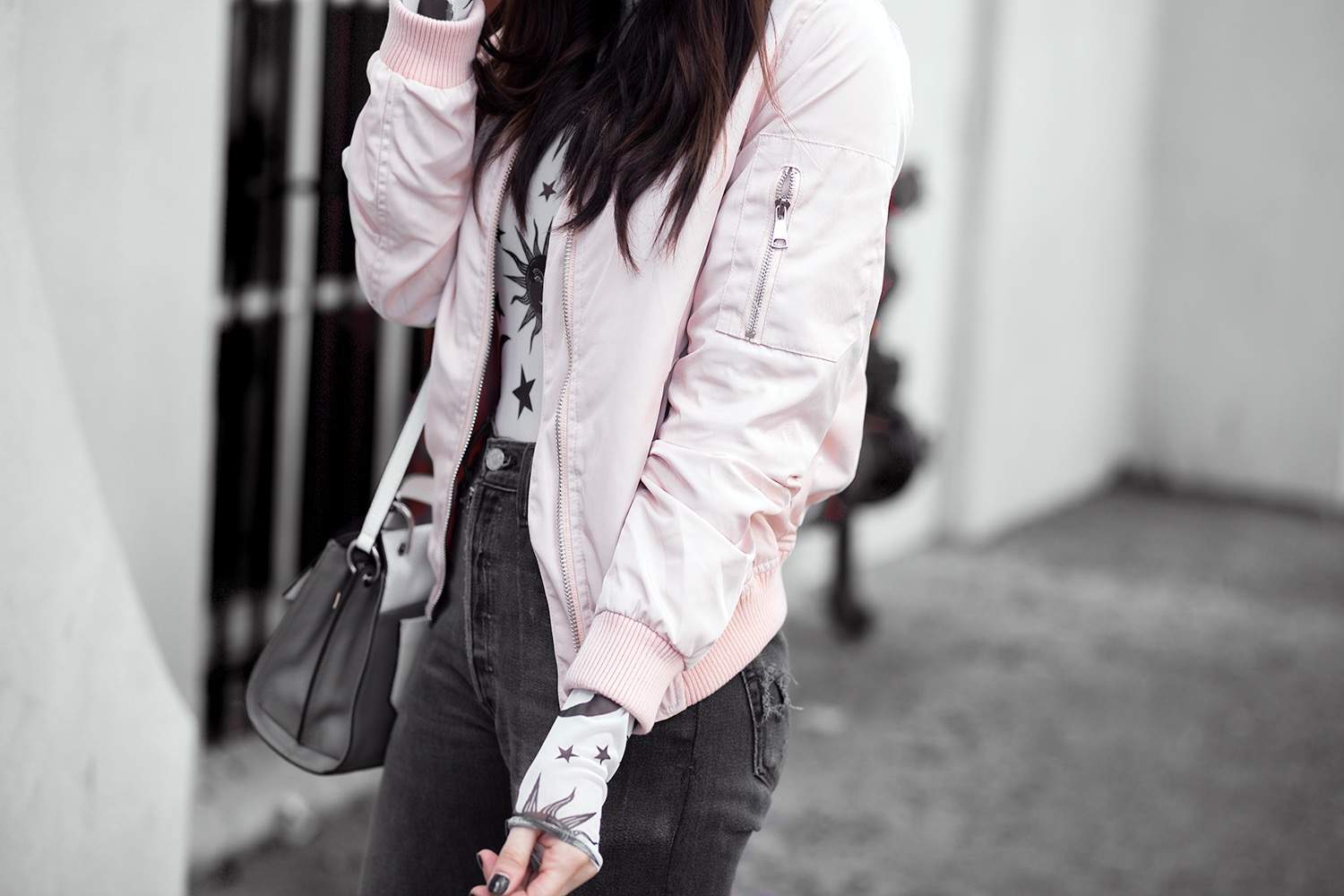 fashionlush, star print style, pink bomber jacket