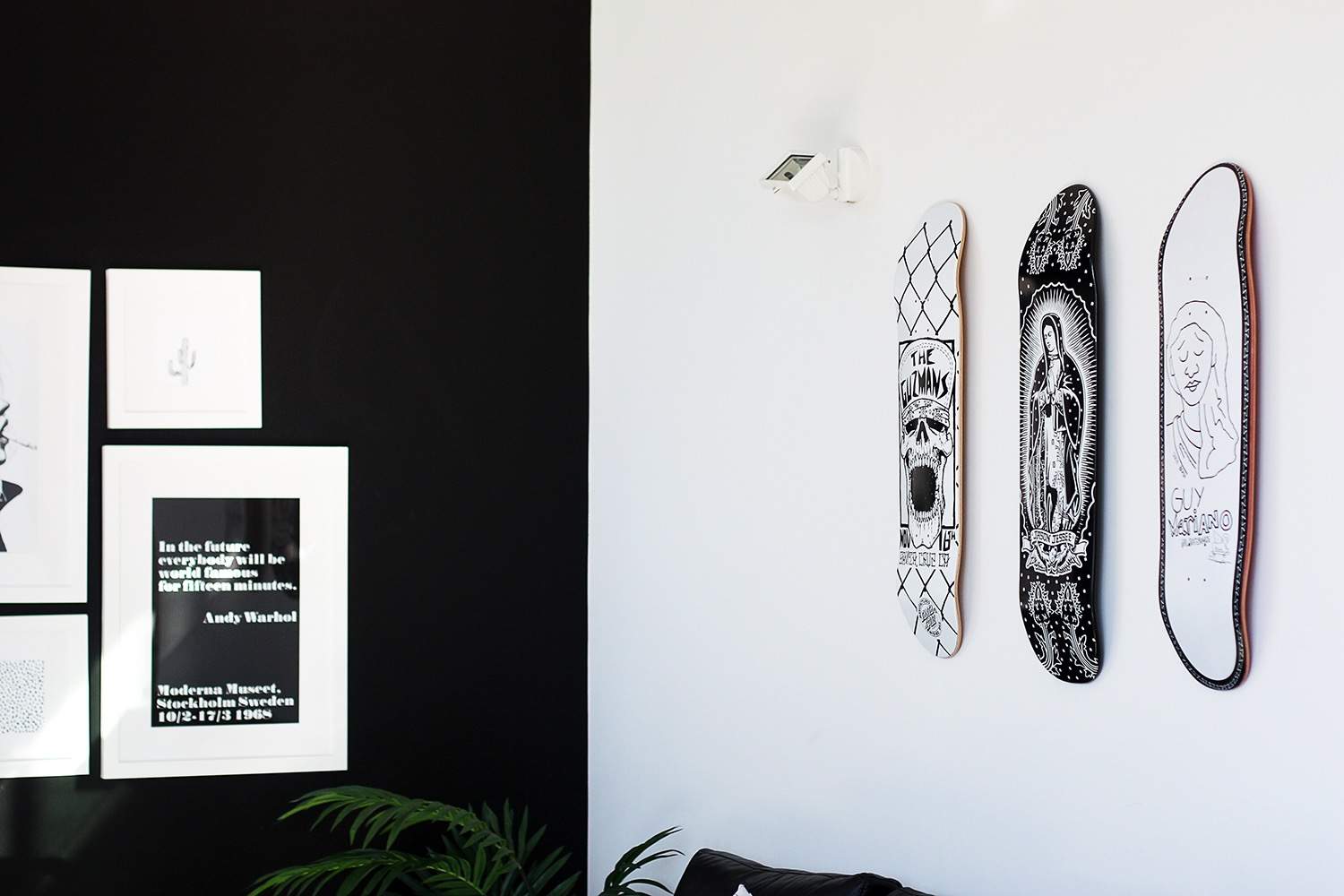 fashionlush, black and white decor, skateboard art