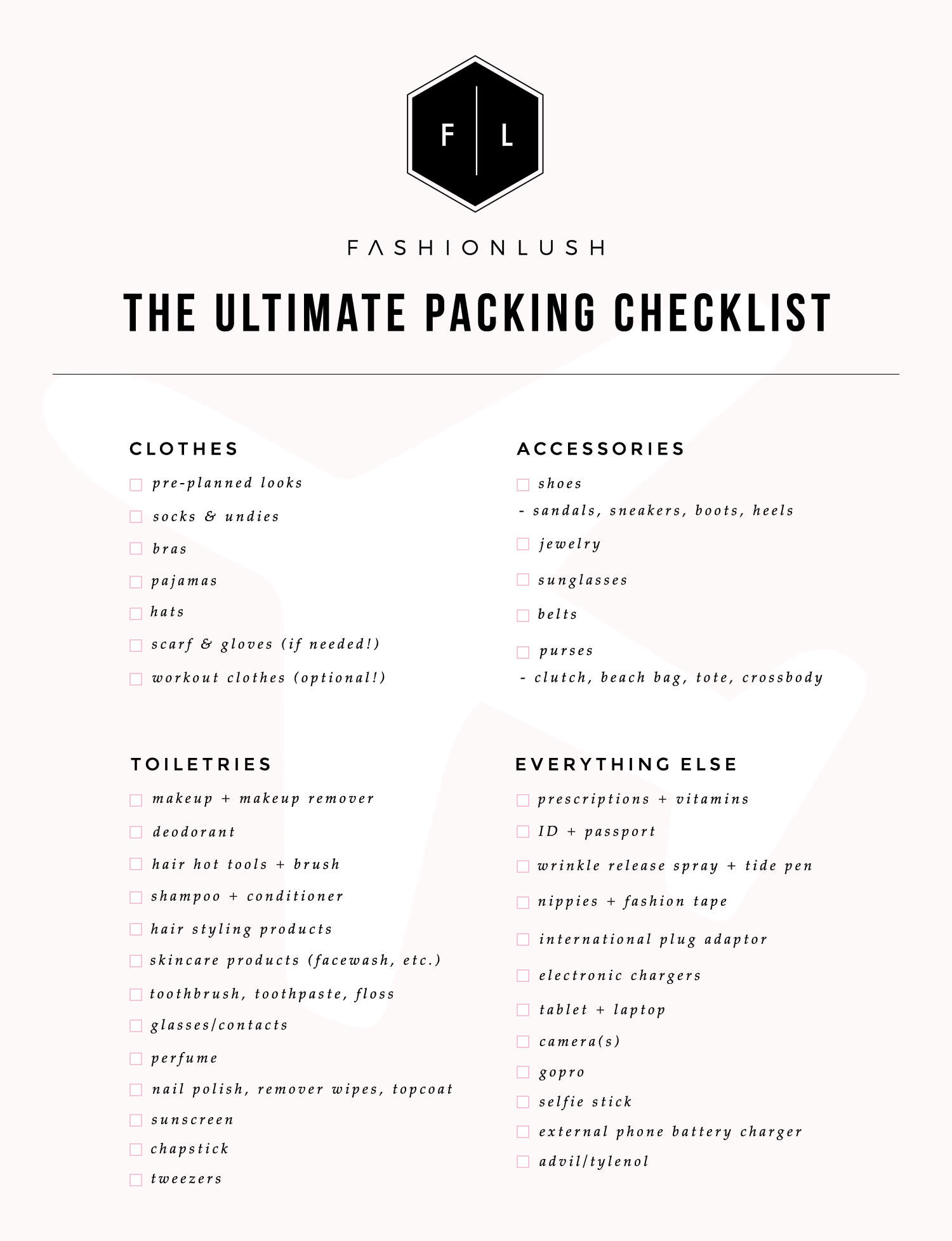 fashionlush, printable packing list, travel tips