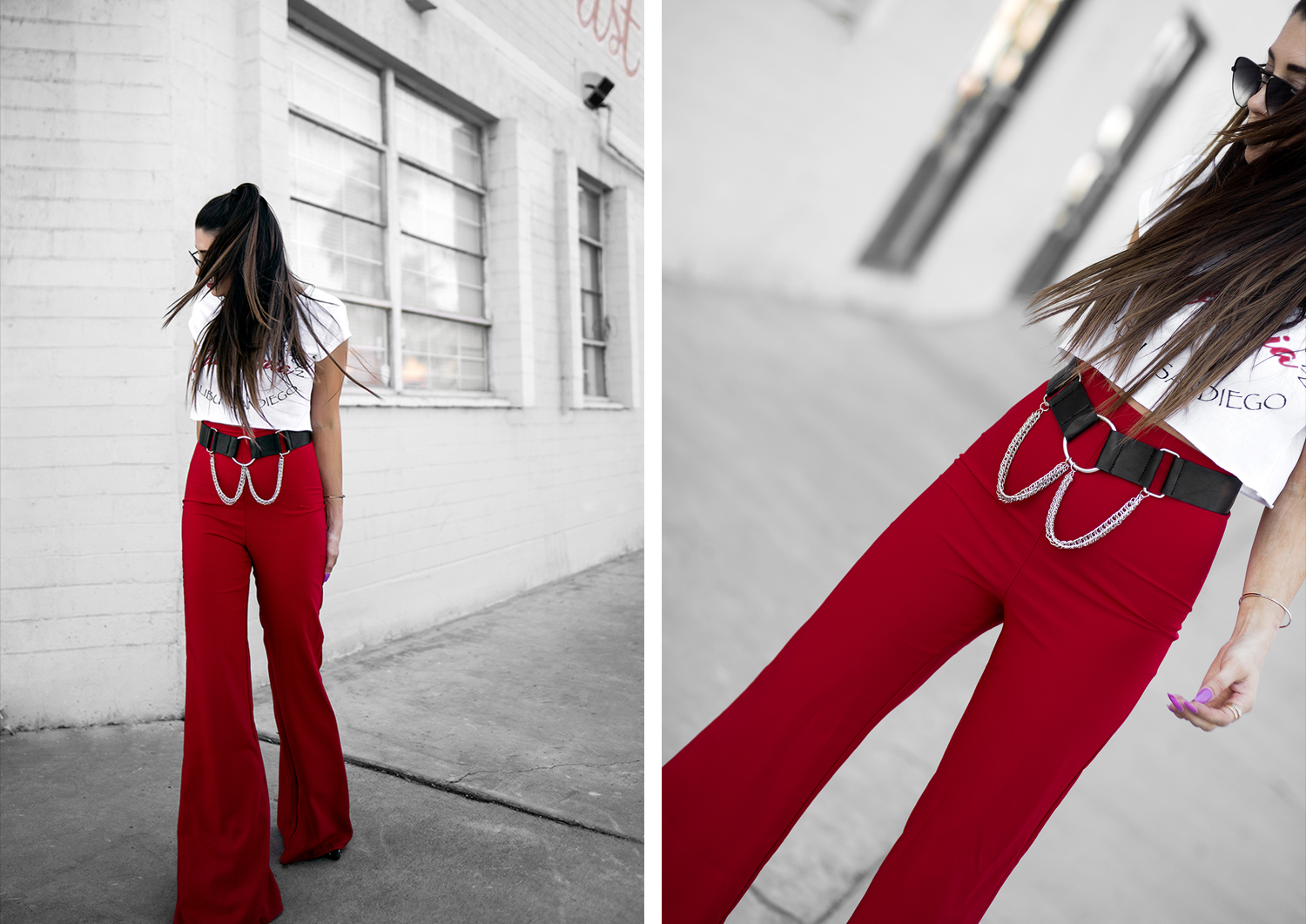 Selfies and narcissism by Erica Stoleman of Fashionlush. Red pants with cool belt.