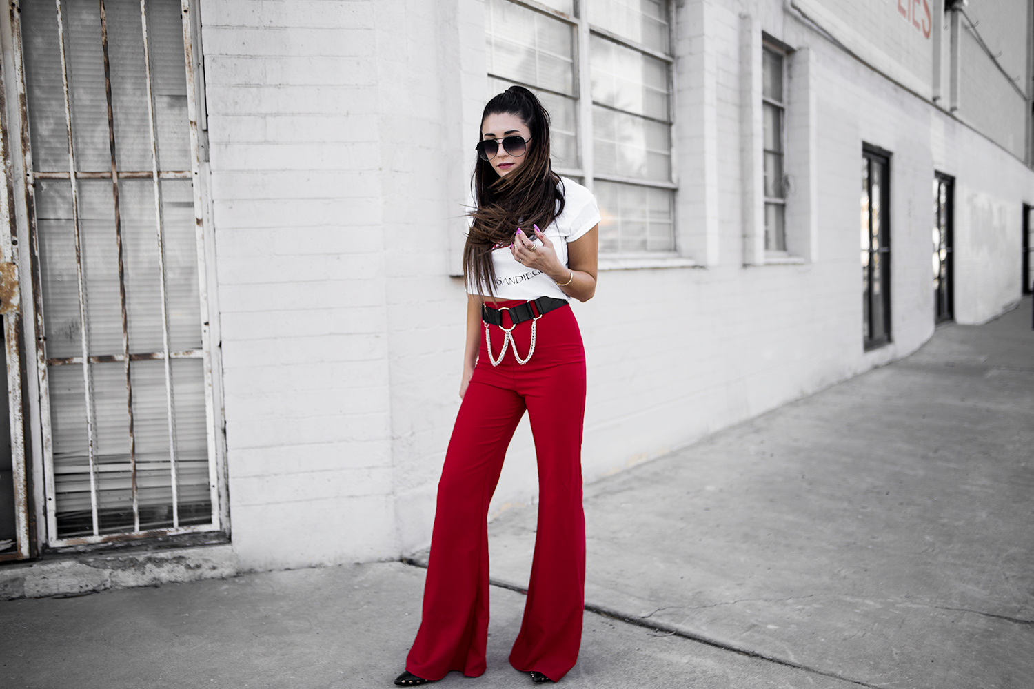 high waisted red pants on Erica Stoleman of Fashionlush: Post about selfies and narcissism