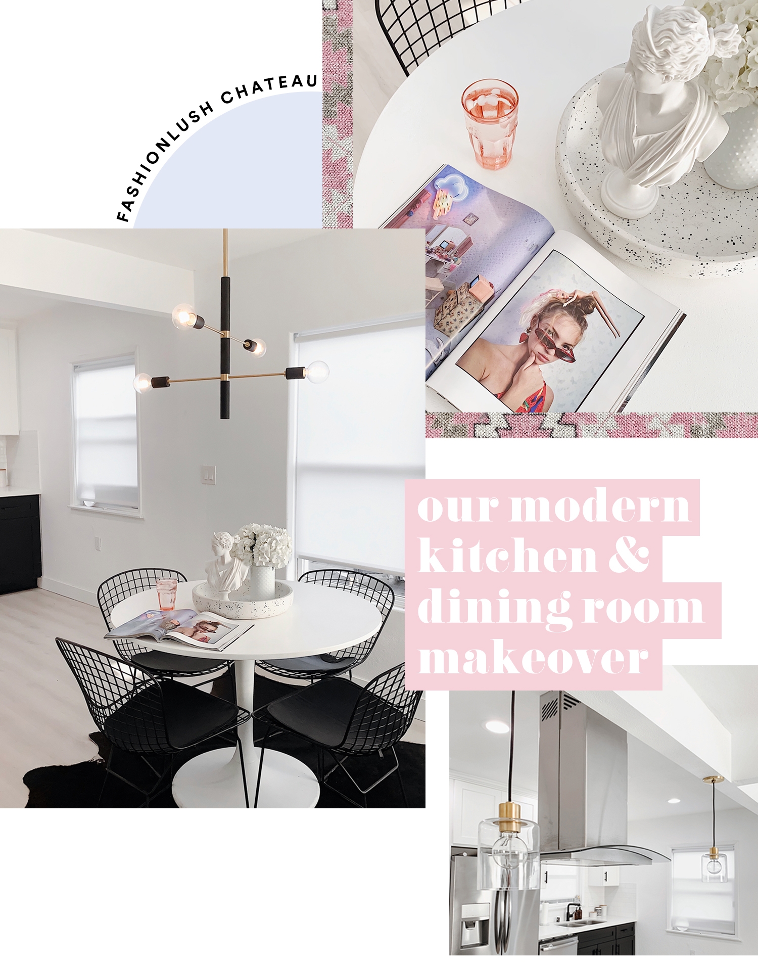 fashionlush, modern kitchen and dining room makeover, black and white kitchen